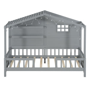 House Bed With Shelves, Window And Sparkling Light Strip On The Roof