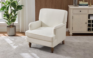 Vintage Upholstered Linen Fabric Armchair with Antique Solid Wood Legs