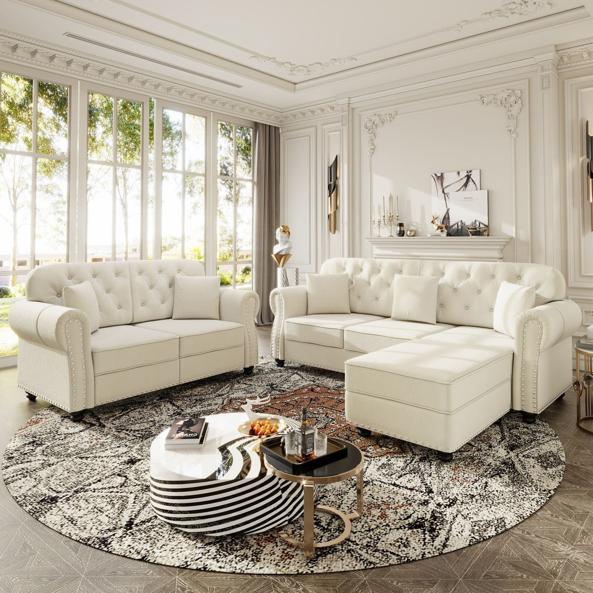Upholstered Sofa Set With Nailhead Trim and Rolled Armrests, Includes Pillows