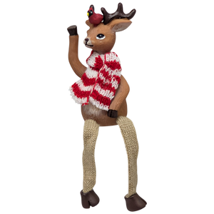 Red and White Striped Scarf with Cardinal Reindeer Shelfsitter