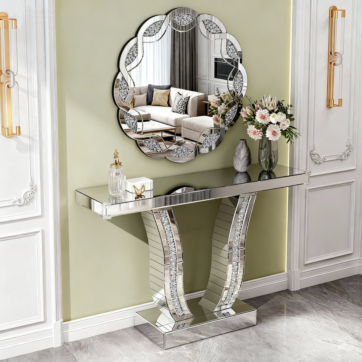 Silver Crush Diamond Round Wall Mirror