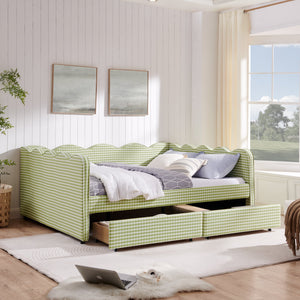 Queen Size Cozy Gingham Daybed with Two Storage Drawers, with USB Port and Adorable Wave Shaped, Linen Fabric