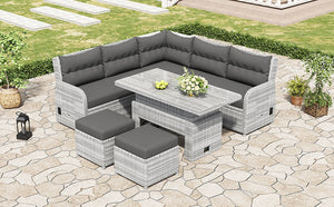 Outdoor Furniture Set Patio Rattan Furniture with Adjustable Table, Recliners, Side Tables, Ottomans
