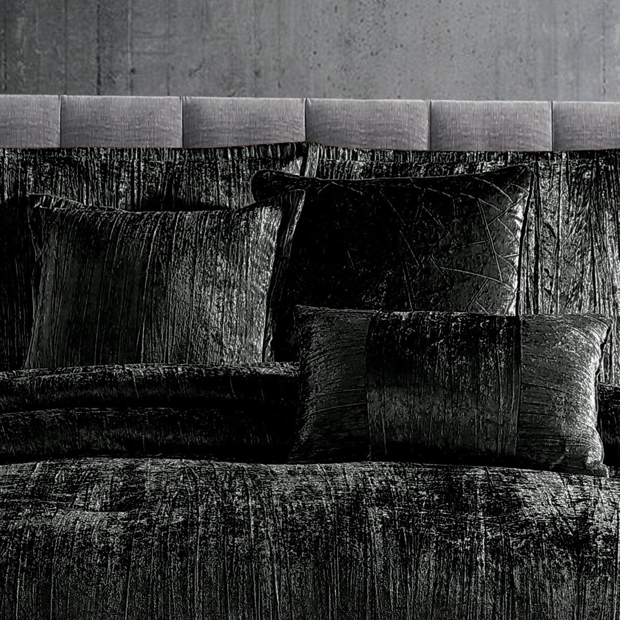 Turin 7 Piece Black Crinkle Velvet Comforter Set