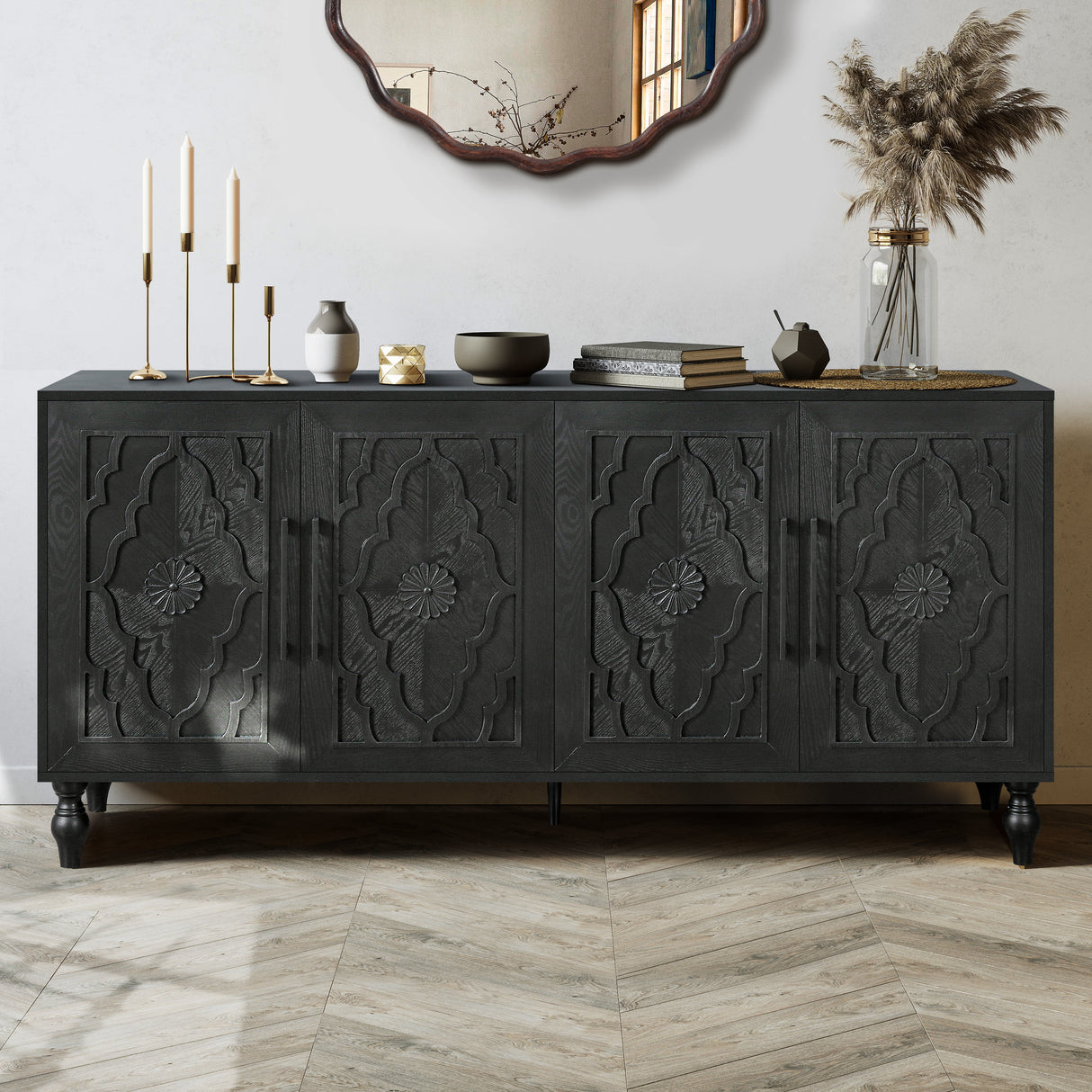 Carved flower door large storage cabinet with metal handle (black)