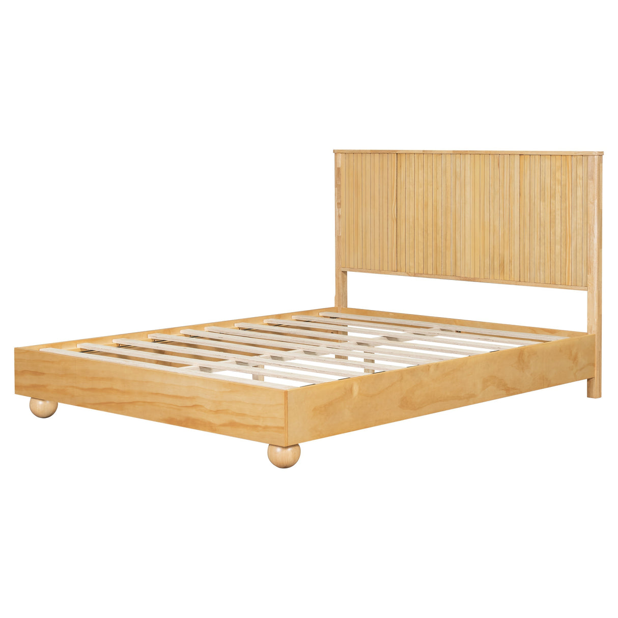 Natural Queen Size Wood Bed Frame With Reeded Headboard