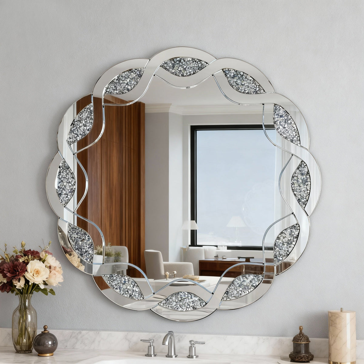 Silver Crush Diamond Round Wall Mirror