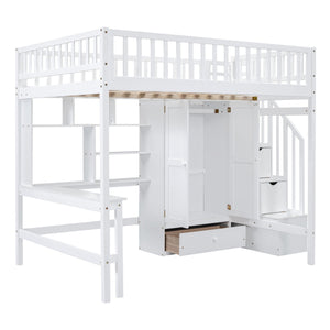 Loft Bed With Bookshelf, Drawers, Desk, And Wardrobe