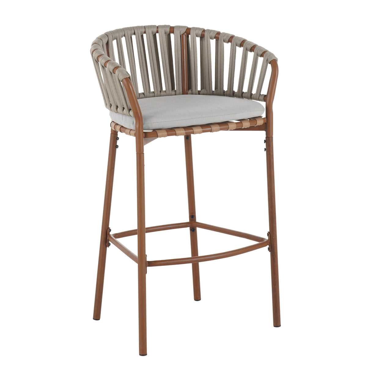 Lodi Outdoor Metal Rope Barstool, Teak Finished Frame and Beige Cushion, Set of 4