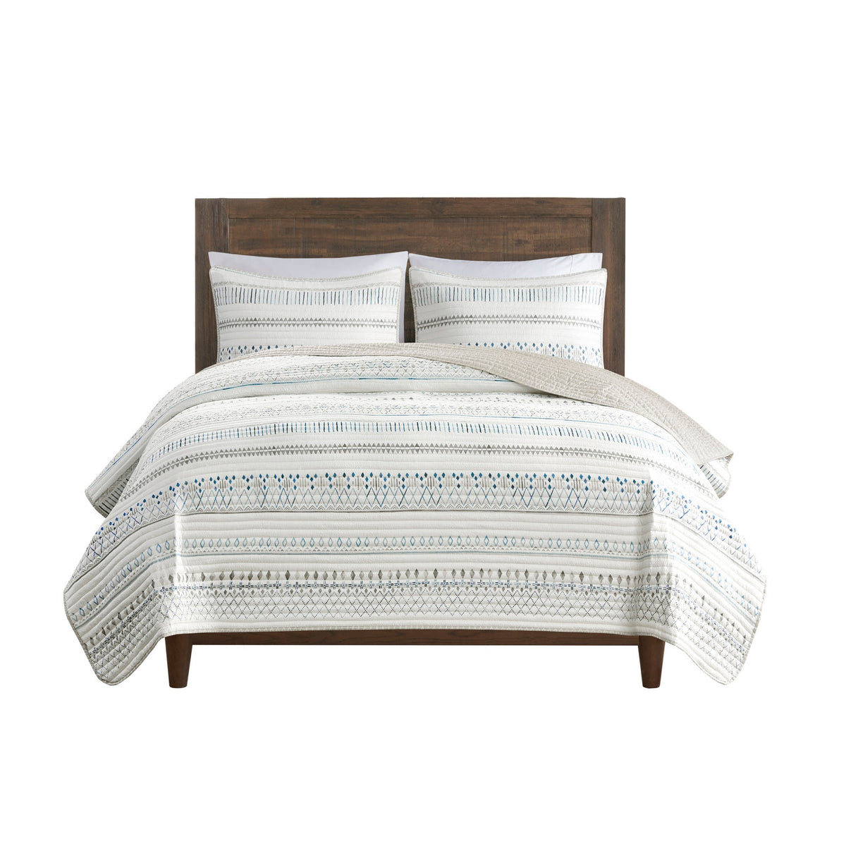 Printed Microfiber Seersucker Quilt Set with Reversible Design - Taupe/Blue