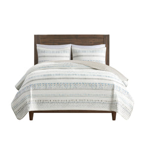 Printed Microfiber Seersucker Quilt Set with Reversible Design - Taupe/Blue