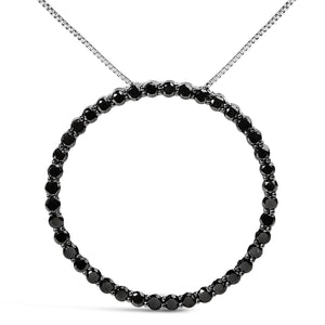 .925 Sterling Silver 4.0 Cttw Black Diamond Open Hoop Circle 18" Pendant Necklace (Black Color, I2-I3 Clarity)