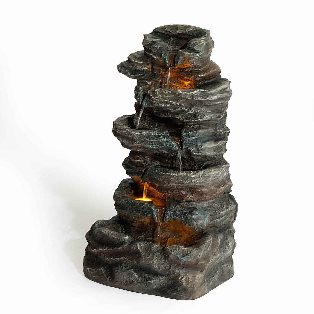6-Tier Outdoor Cascading Stone Water Fountain with 3 LED Lights, Freestanding Led Fountain Decor for Garden, Patio, Yard & Deck, Natural Rock Appearance