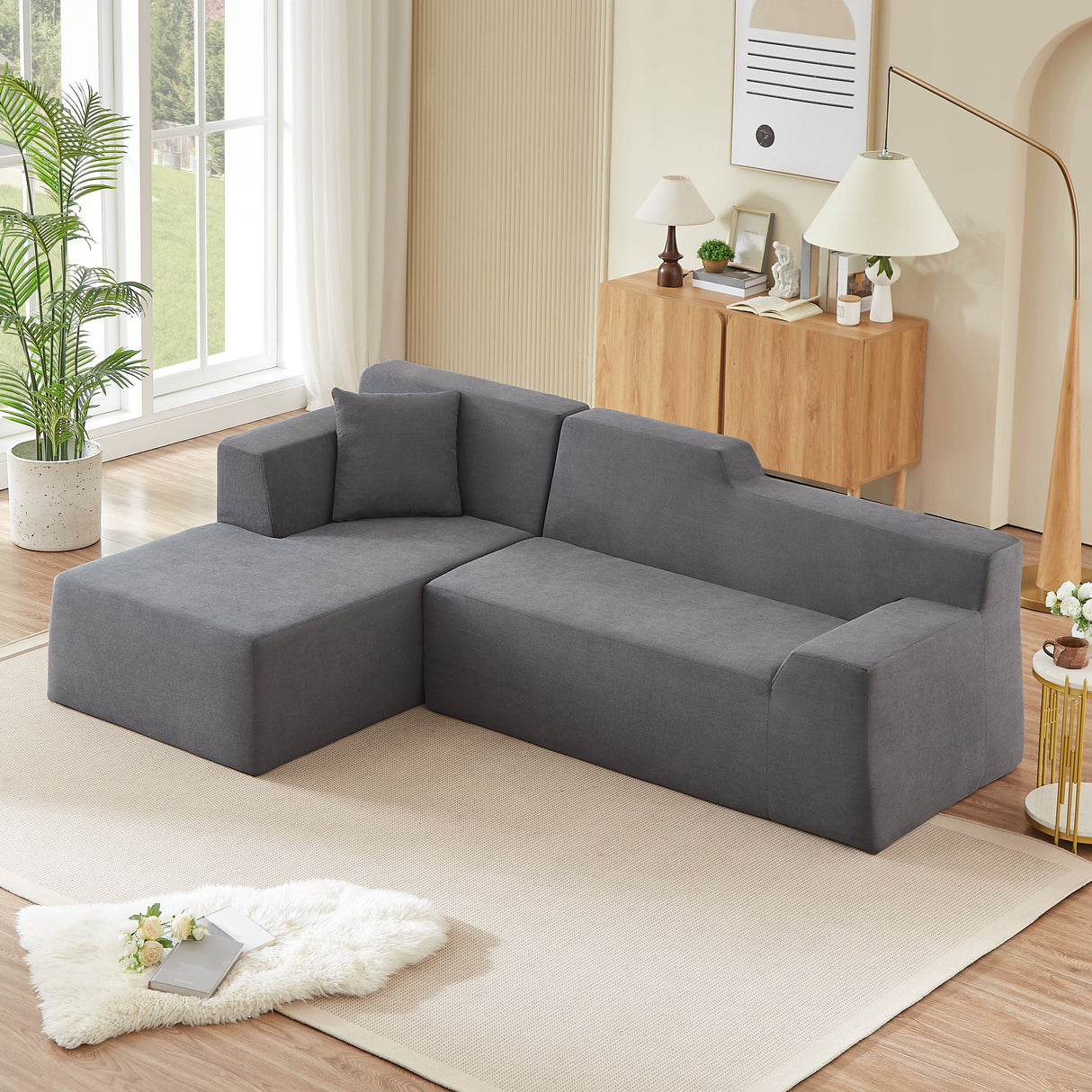 Modern Minimalist L-Shaped Corduroy High Back Sofa
