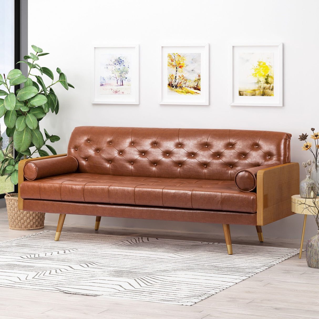 Adelaide Mid Century Modern Tufted Sofa with Rolled Accent Pillows - Light Brown
