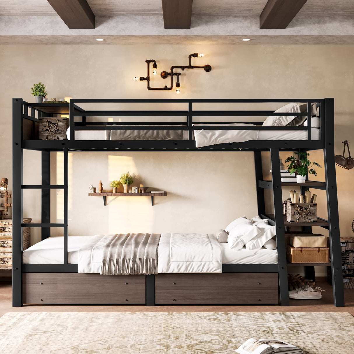 Twin Size Metal Bunk Bed with Storage Shelves, LED Light Strip, and USB Power Strip