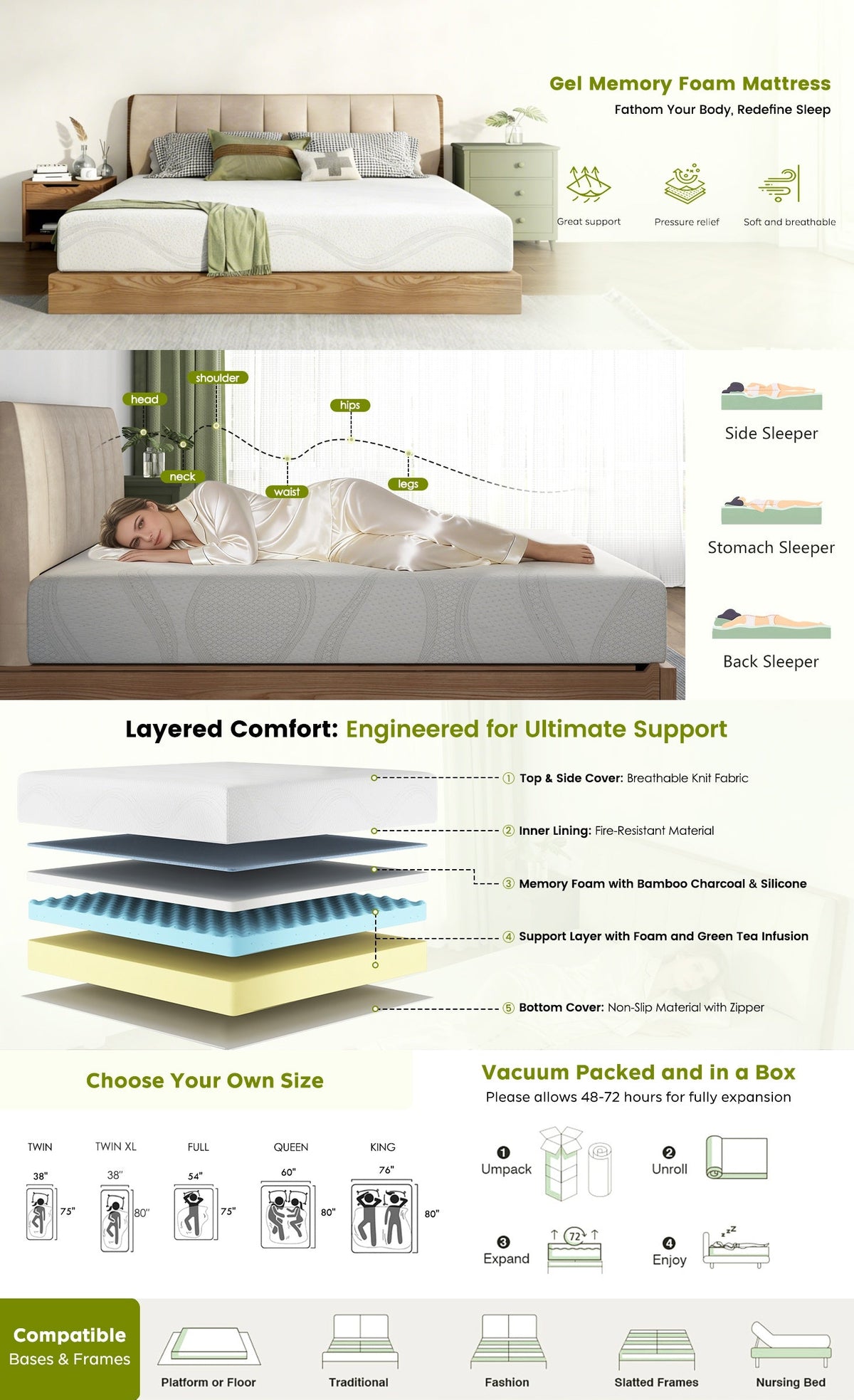 Queen Size Memory Foam Mattress with Cooling - 10 Inch
