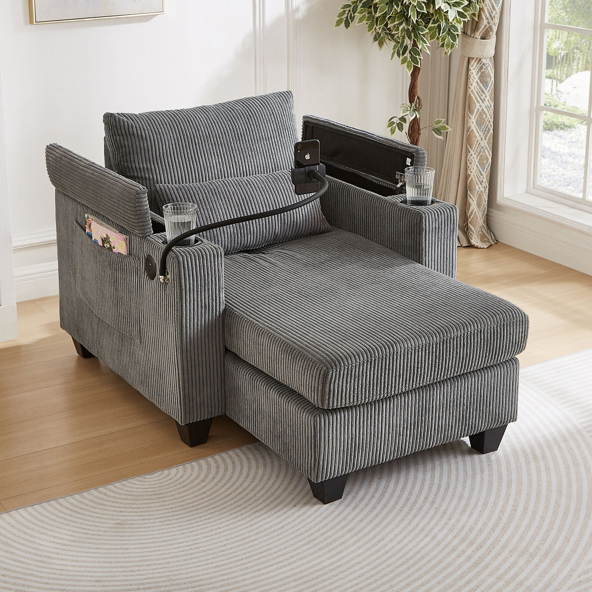 Convertible Chaise Lounge Sofa Chair With USB Ports, Cup Holders, Phone Holder And Storage