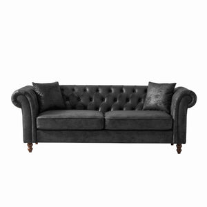 Chesterfield Sofa, High Tech Fabric Roll Armrest, 3 Seater Couch - Black