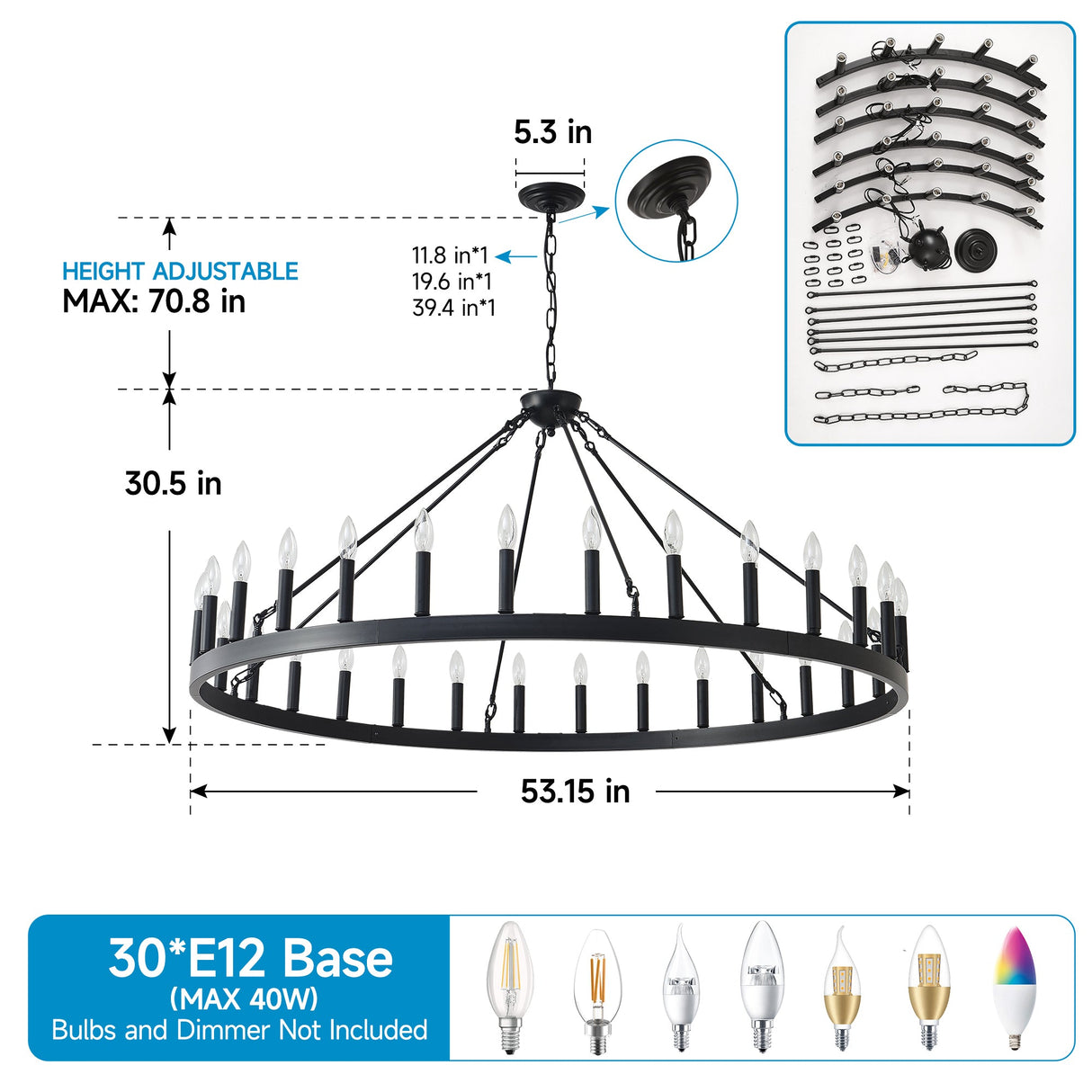 53.15 Inch Matte Black Wagon Wheel Chandelier With 30 Lights