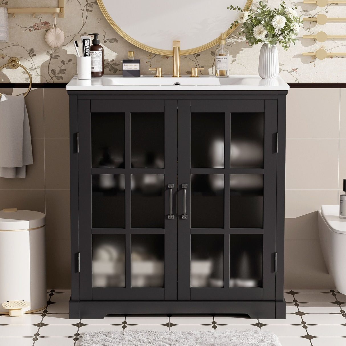 Modern Bathroom Vanity with Ceramic Sink and Tempered Blurred Glass Doors