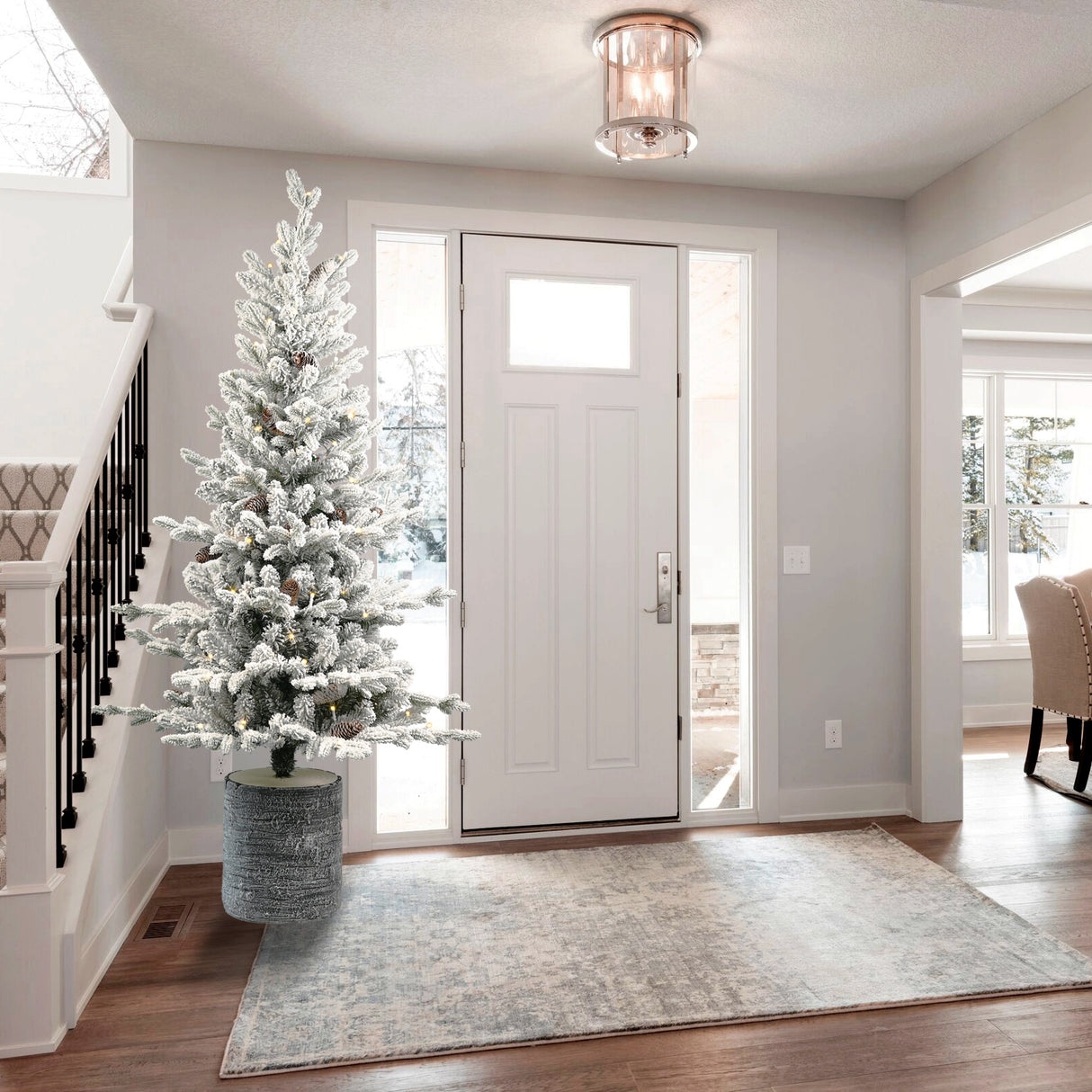 4.5FT Flocked Christmas Tree with Pot Base, 150 Warm White LED Lights