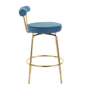 Rhonda Glam Counter Stool in Gold Metal and Blue Velvet by LumiSource - Set of 2