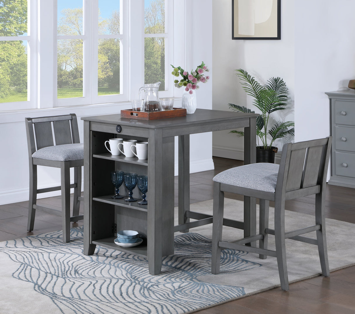 Graham 36' 3-Piece Gray Finish Small Space Counter Height Dining Table with Shelves and 2 Chairs