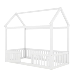 Wood House Bed With Fence And Door