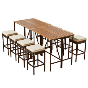 Acacia Wood Outdoor Bar Height Table Set with Cushioned Stools - Light Brown