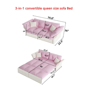 Queen Pull Out 3-in-1 Convertible Sleeper Tufted Sofa & 2 Soft Pillows