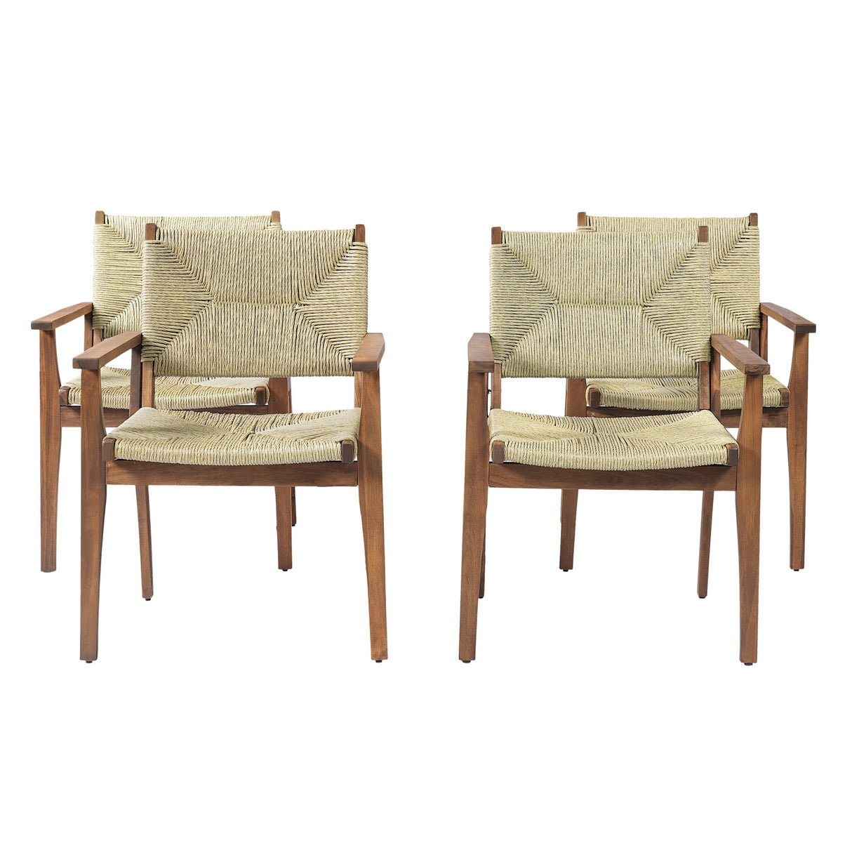 5-Piece Outdoor Dining Set: Teak Finish Round Acacia Wood Table & 4 Teak Finish Wicker Armchairs