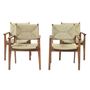 5-Piece Outdoor Dining Set: Teak Finish Round Acacia Wood Table & 4 Teak Finish Wicker Armchairs