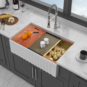 Workstation Single Bowl Apron Front Kitchen Sink - White