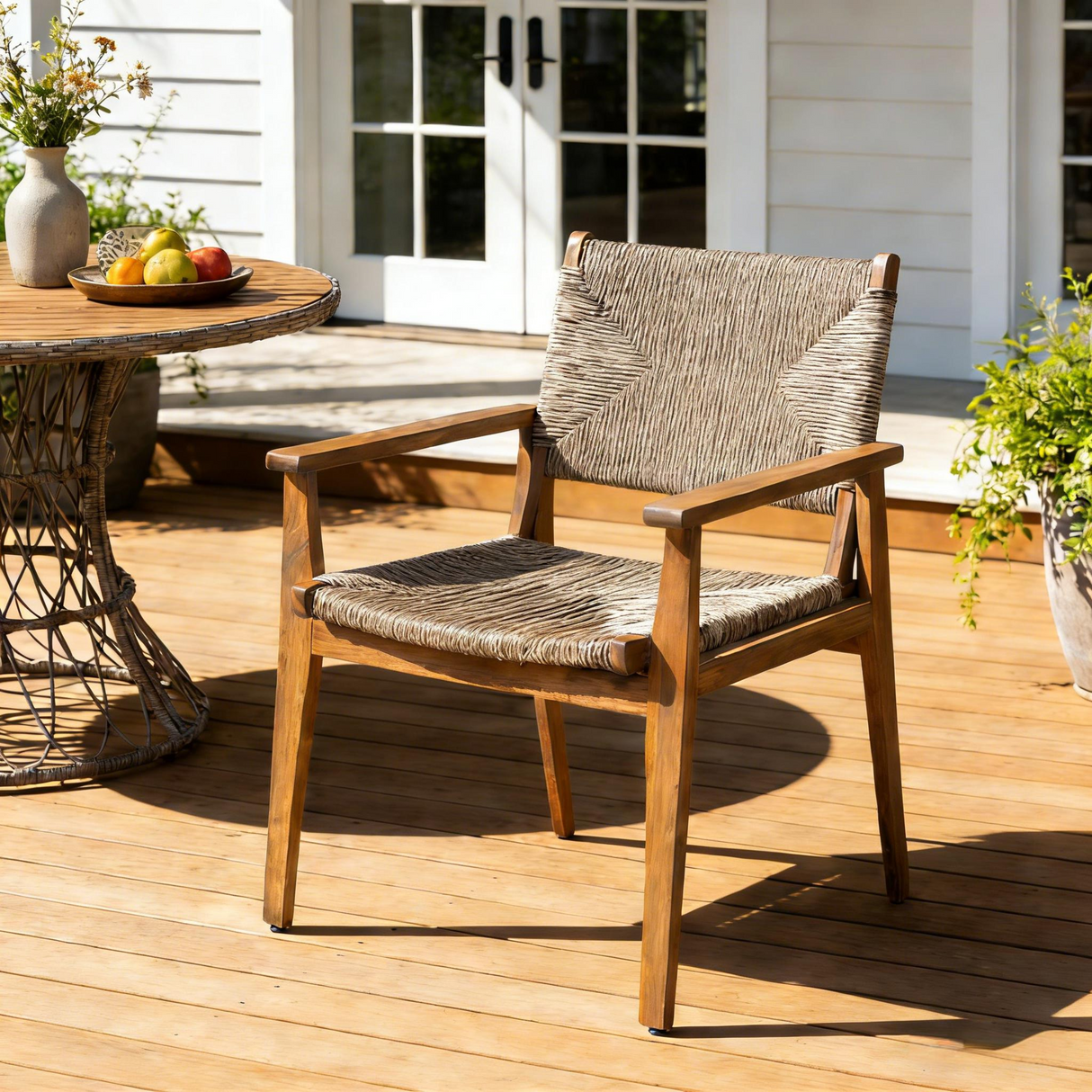 Durable Outdoor Dining Chair with Acacia Wood Frame, Handwoven Wicker Seat, Brown Finish, Patio Garden Furniture, (Compatible with Matching Table) Set of 2