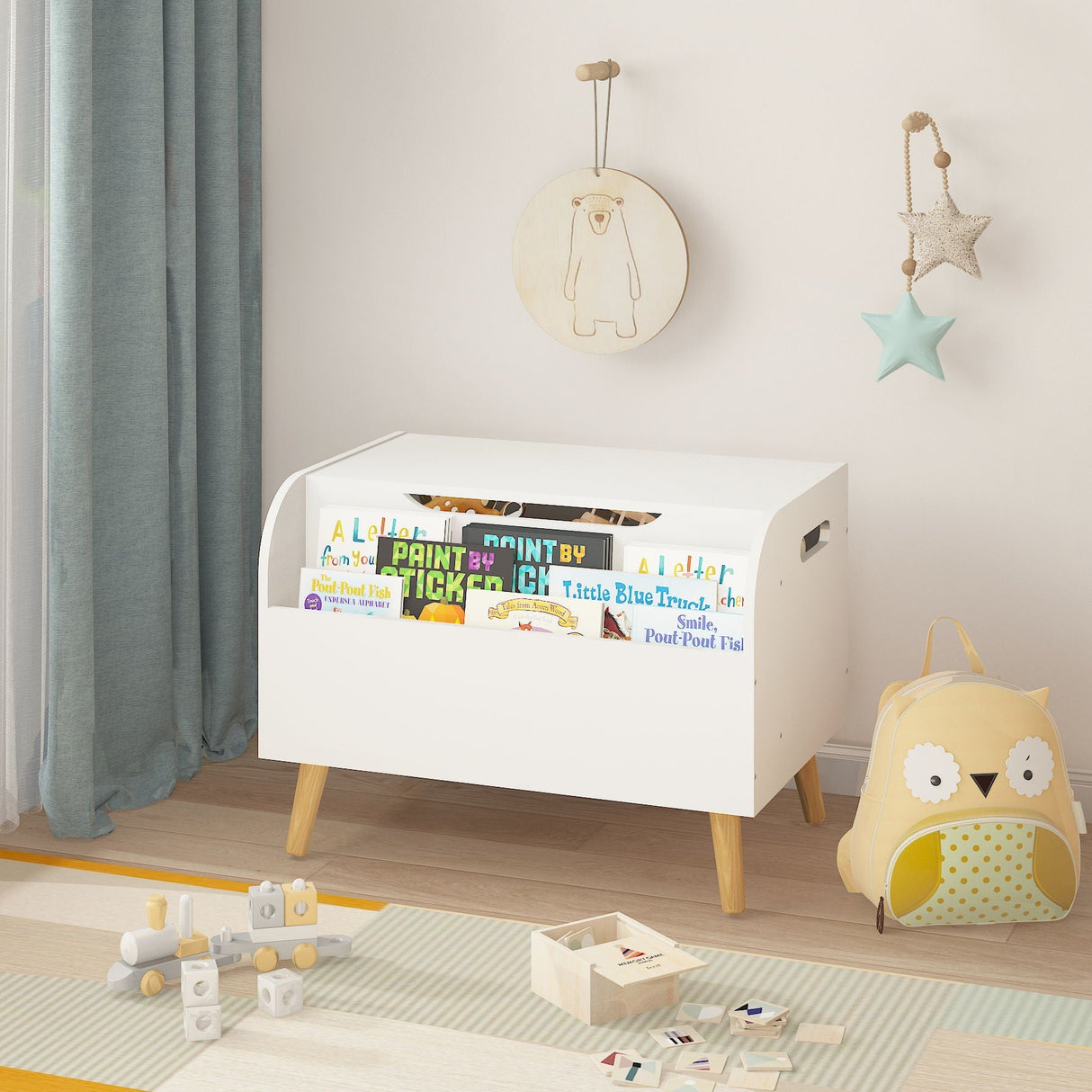 Toy Box with Front Bookshelf and Flip Top Lid for Kids Room Organization - White