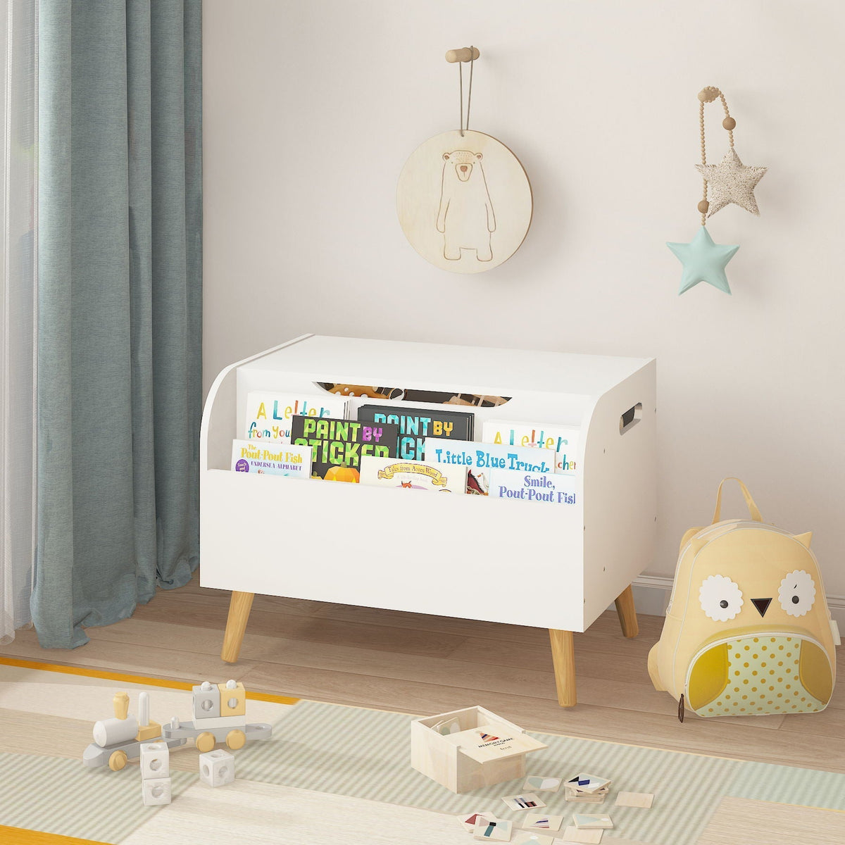 Toy Box with Front Bookshelf and Flip Top Lid - White