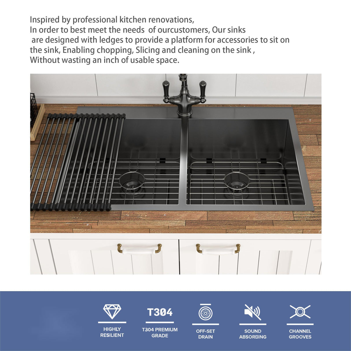 Double Bowl Drop In Kitchen Sink, 16 Gauge Stainless Steel With 2 9" Deep Basins - Gunmetal Black
