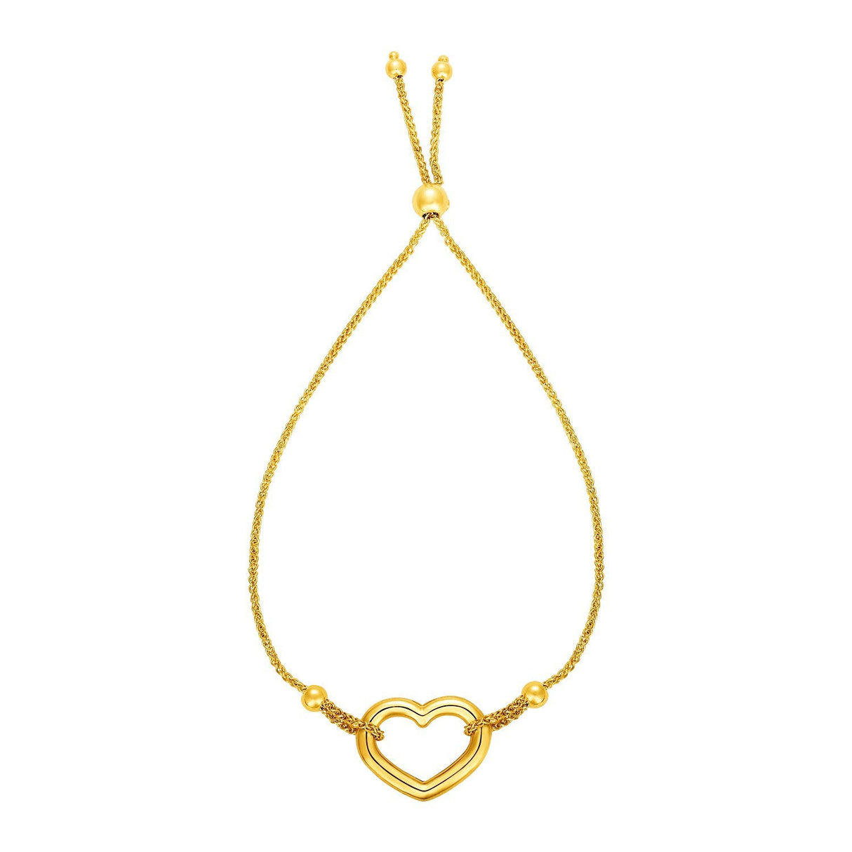 Adjustable Bracelet with Shiny Open Heart in 14k Yellow Gold