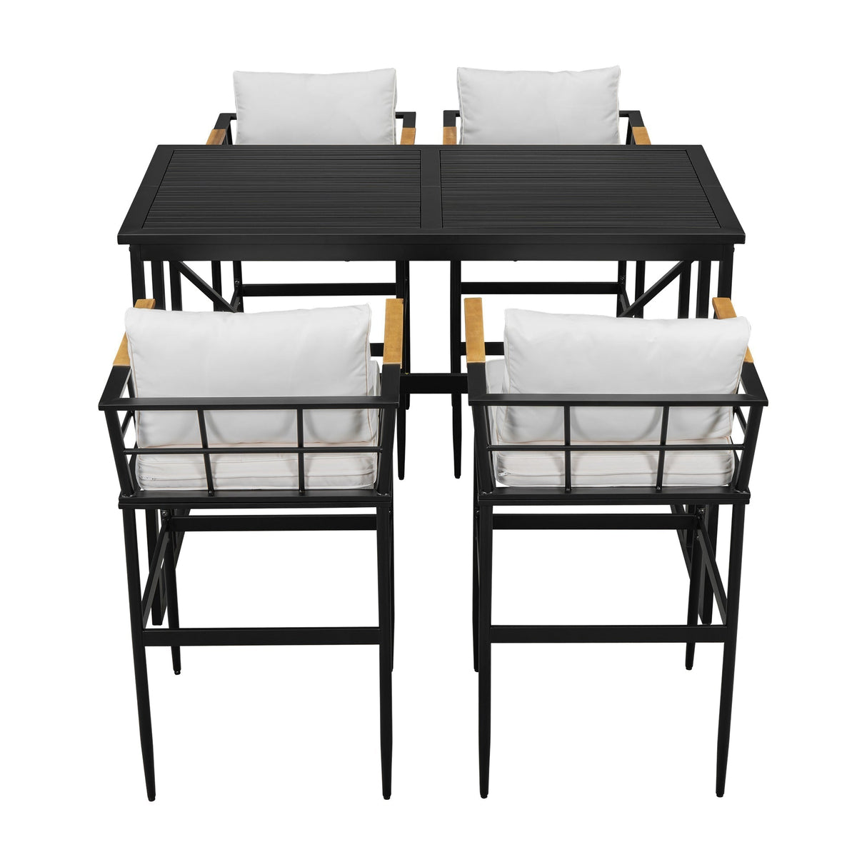 Iron Outdoor Dining Set with Acacia Wood Armrest