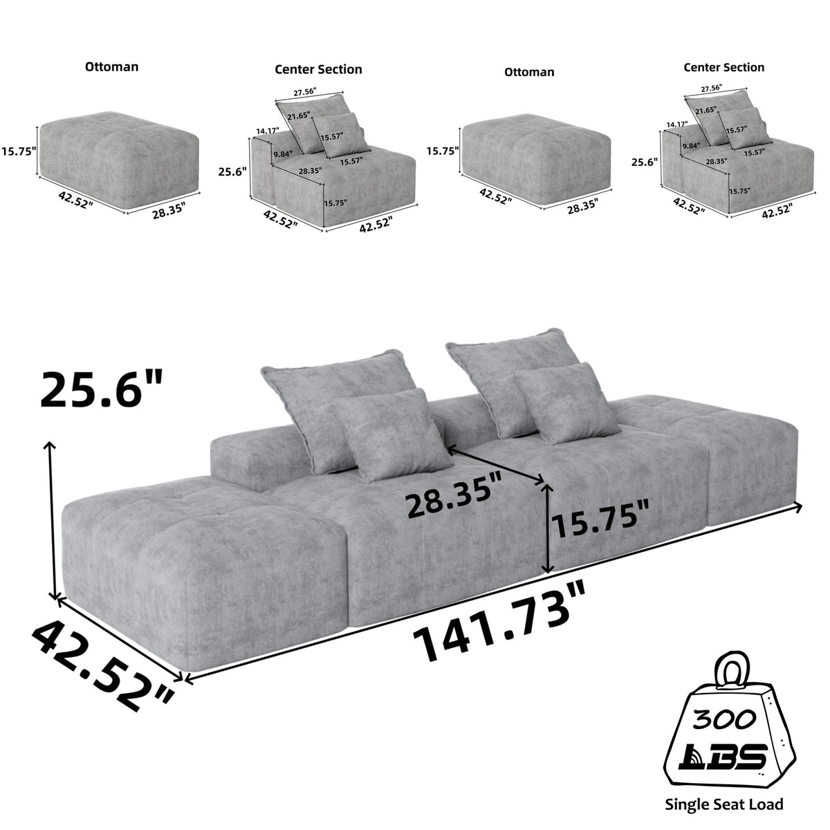 Modern Oversized Modular Sectional Sofa with Pillows - Multiple Colors