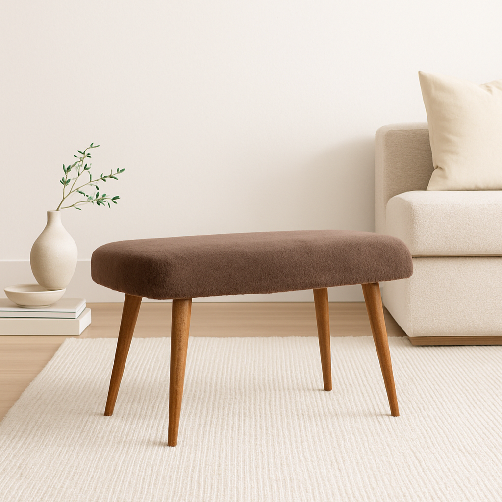 Solid Wood Faux Fur Fabric Bench, Upholstered, Nordic Legs