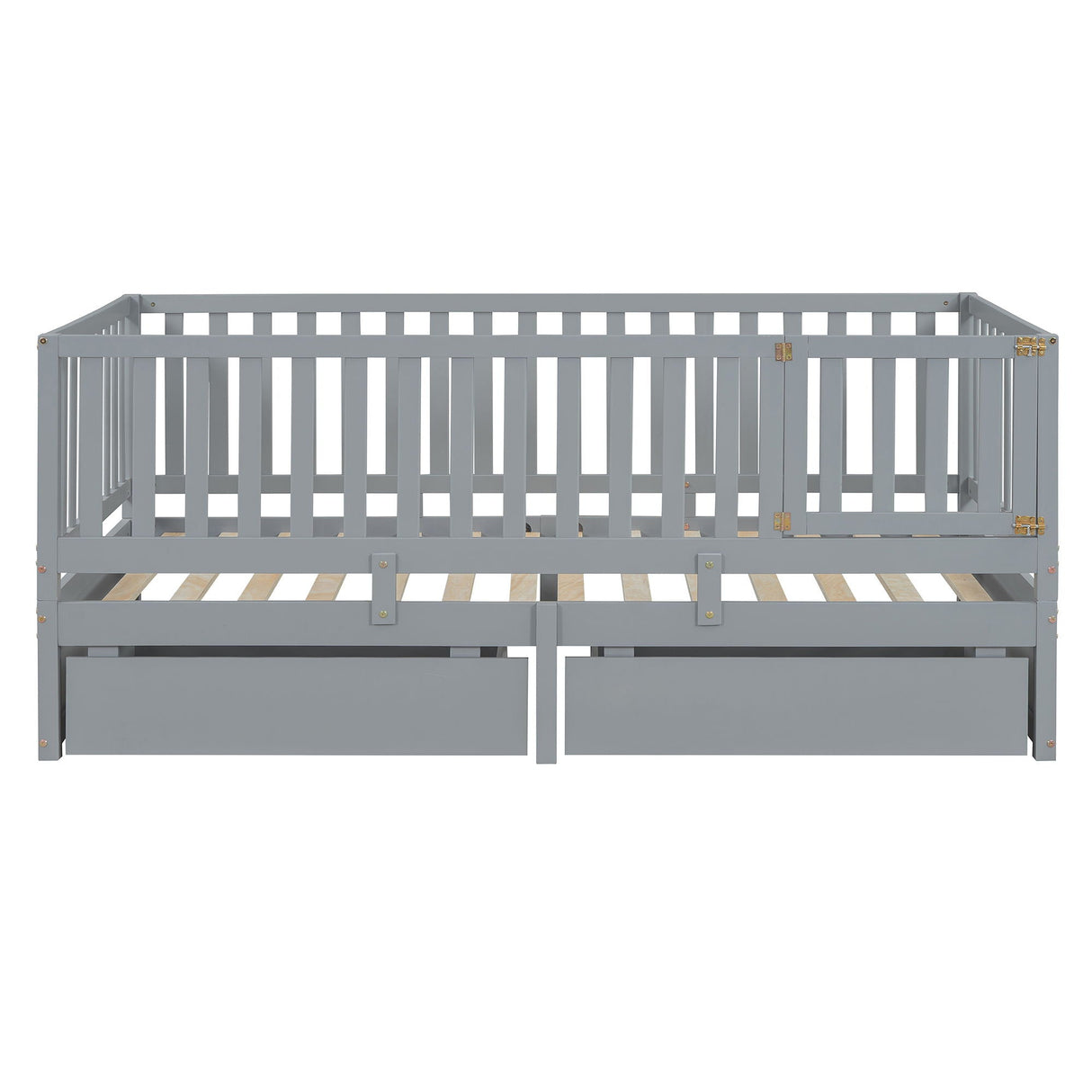 Daybed With Fence Guardrails And 2 Drawers, Split Into Independent Floor Bed & Daybed