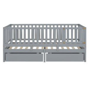Daybed With Fence Guardrails And 2 Drawers, Split Into Independent Floor Bed & Daybed
