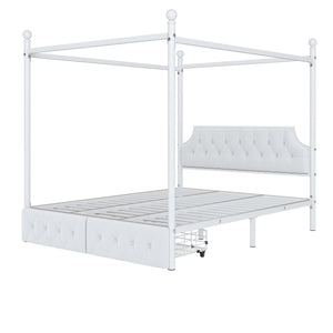 Queen Size Canopy Platform Bed With Upholstered Headboard And 2 Storage Drawers - White