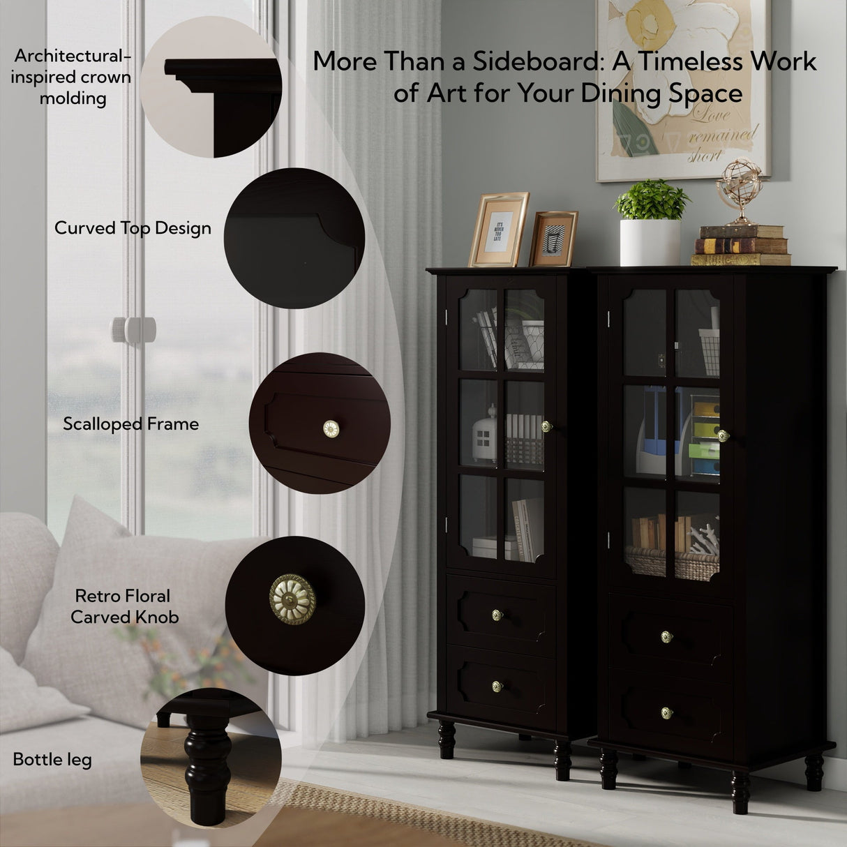 Black Tall Storage Cabinet with Glass Door & 2 Drawers