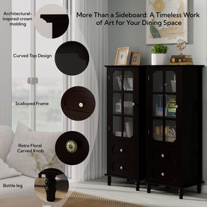 Black Tall Storage Cabinet with Glass Door & 2 Drawers