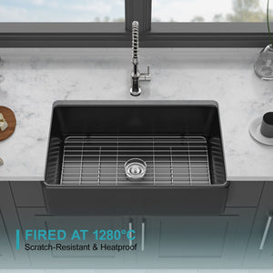 Farmhouse Ceramic Apron Front Single Bowl Kitchen Sink with Durable Design - White or Black