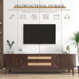 TV Stand For TVs Up To 75'', Cabinet With Drawers And Sliding Doors, Living Room Entertainment Console - Natural Wood / Brown