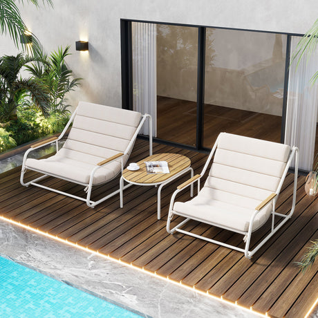 Three-Piece Outdoor Chaise Lounge & Acacia Table Ensemble